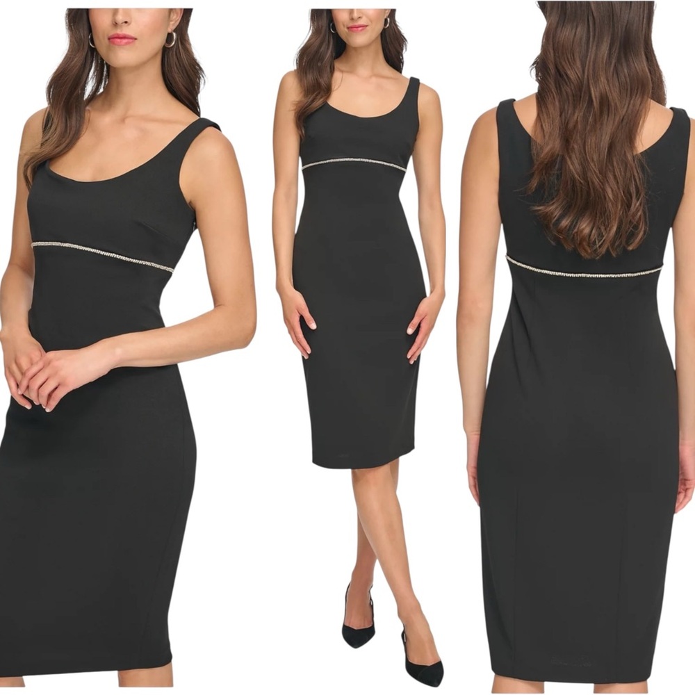 NWT Calvin Klein Embellished Scoop neck Rhinestone Trim black  Sheath Dress SZ 2